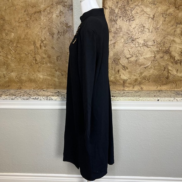 St. John Santana Knit Dress 14 Black Long Sleeve Gold Bar Accents Mock Neck READ - Picture 5 of 12
